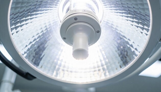 Showing ceiling-mounted surgical lamp glowing in operating theater, with textured reflector