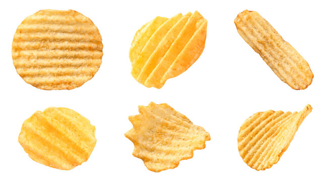 Assortment of crisp, wavy potato chips in various forms and textures, isolated on a transparent background.