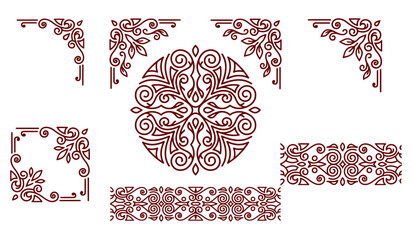 Vintage ornamental frame elements set, elegant burgundy filigree borders and corners, decorative floral mandala and line art dividers for wedding stationery © Angel Mandik