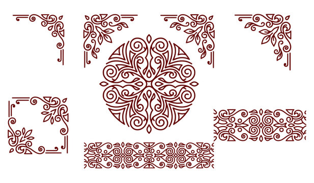 Vintage ornamental frame elements set, elegant burgundy filigree borders and corners, decorative floral mandala and line art dividers for wedding stationery
