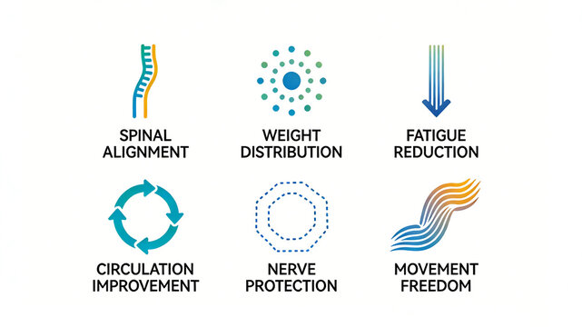 Spinal alignment, neural rings, and dynamic waves signify improved spinal health and enhanced bodily function, suitable for posture correction products and sports protective gear.
