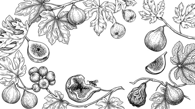 Vintage botanical fig illustration frame, hand drawn black and white fruit sketch border, engraved style fig tree branches and leaves for organic food packaging