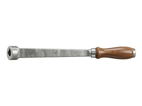 Handheld metal plane tool with wooden handle resting on a neutral background.