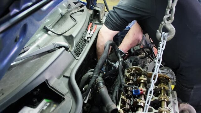 Mechanic of car service center repairs parts under hood. Specialist touches surface of mechanisms to assess condition of special system