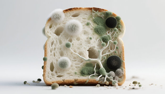 Moldy slice of bread with green and black fungal growths  