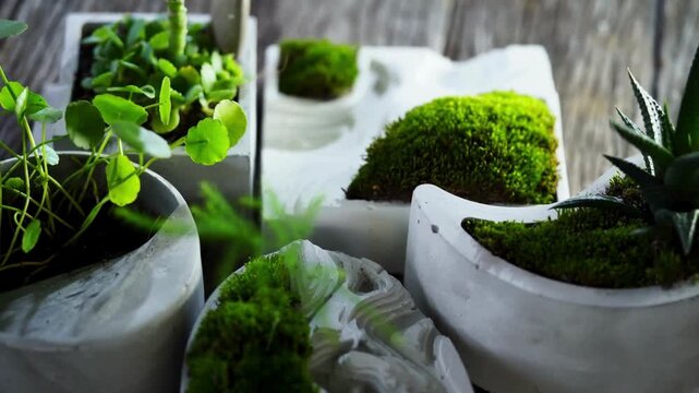 4K video of modern indoor micro gardening with vibrant green moss, tiny succulents, and delicate home decor plants beautifully arranged in unique white concrete geometric pots and planter trays 