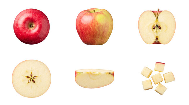 Variety of fresh apples in different forms, including whole, halved, sliced, and diced pieces.