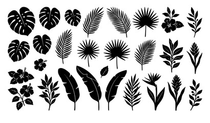 Fototapeta premium Decorative tropical foliage silhouette vector set with leaves flowers and branches