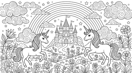 Fototapeta premium Two magical unicorns standing in a flowery meadow near a beautiful fairy tale castle arching rainbow