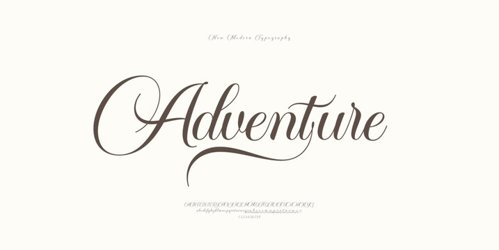 Adventure, Script elegant alphabet letters font logo. Typography luxury classic lettering serif fonts decorative wedding vintage retro logos, design for fashion beauty shop and brand 