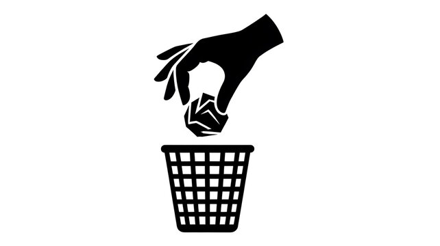 Black and white trash can, hand throwing away paper, minimal icon, simple silhouette