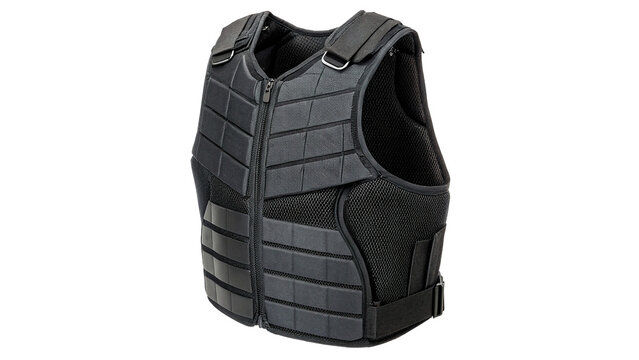 Professional black tactical bulletproof military vest protective body gear isolated on transparent background
