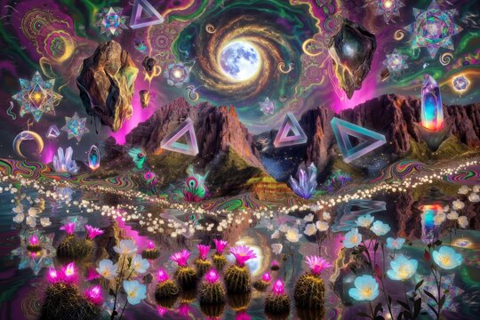 Paesaggio surreale e psichedelico con galassia a spirale, rocce fluttuanti, cristalli, geometrie luminose e natura aliena