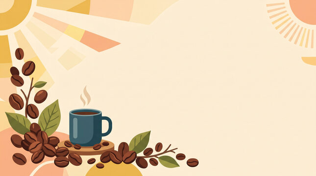 コーヒー豆と朝日をイメージした幾何学モチーフを組み合わせたイラストです。
爽やかな朝のコーヒータイムを表現しています。