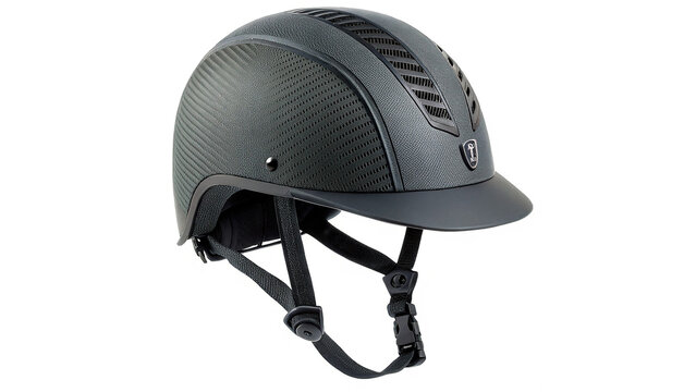 Professional grey leather equestrian horse riding safety helmet protective gear isolated on transparent background