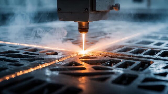 Detailed view of a laser cutter crafting complex ventilation panel designs focusing on steam and the smooth slicing action on industrial metal plates