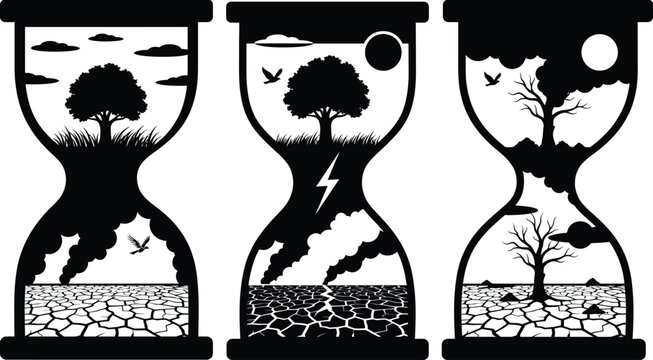 Climate change hourglass concept vector, global warming and environmental destruction silhouettes, drought and pollution metaphor with dying trees and cracked earth