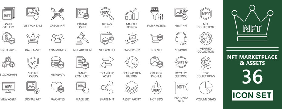 NFT marketplace  outline icon set. included finance, contract, asset, ownership, unique, gallery, bid, and more editable vector icon.
