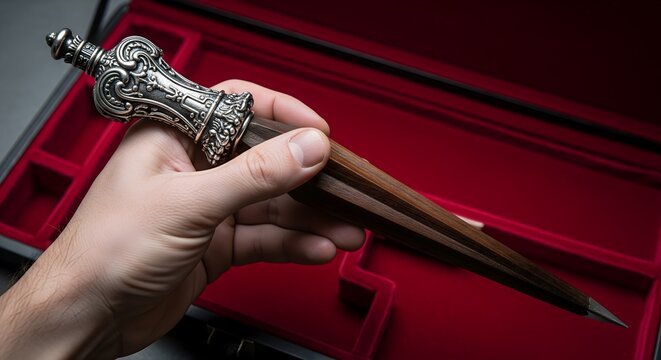 Hand holding an ornate wooden stake with a silver handle inside a red case