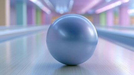 Naklejka premium Single blue sphere in the center of a bowling alley. the sphere is spherical and appears to be made of a shiny, metallic material.