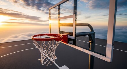 Naklejka premium Basketball Hoop Silhouette Against a Beautiful Sunset Sky.