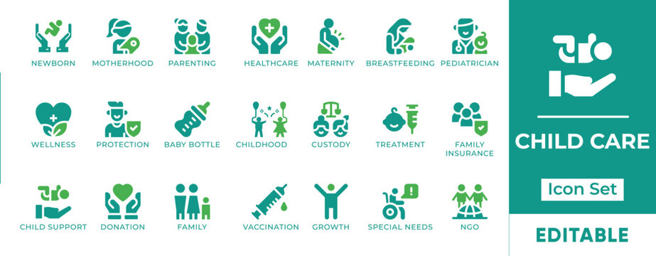 Child Care Maternity Pediatrician Newborn Parenting Special Needs Vaccination Vector Icon Set