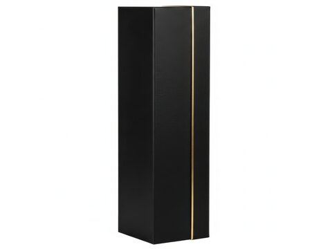 Tall black rectangular box with a thin gold vertical stripe, isolated on white background, keywords: box, tall, black