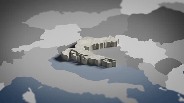 World map animation Birds eye view above Croatia, Croat, Croatian, Zagreb, Europe with highlighted country borders. Cinematic 3d world map animation highlights aerial views, 4k Video