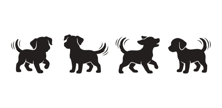 Dog silhouette icon set with cute happy labrador retriever and terrier puppies in different poses walking standing and wagging their tails isolated on white background