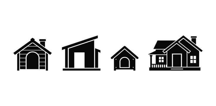 Dog house silhouette icon set with various wooden kennels small pet booths modern dog shelter designs and residential family house isolated on white background
