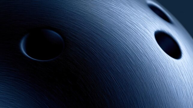 Close-up of a bowling ball. the ball is made of metal and has three holes in the center. the holes are evenly spaced and appear to be made of a shiny, metallic material.