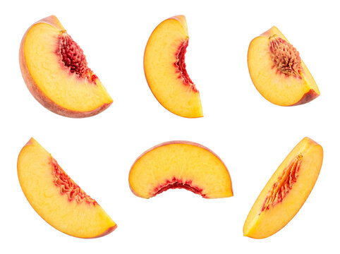 Collection of fresh ripe peach slices, showcasing vibrant color and juicy texture, isolated on transparent background.