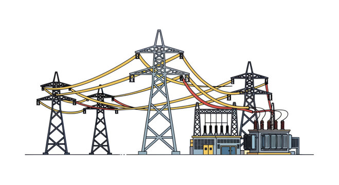 Electricity transmission towers and substation equipment.