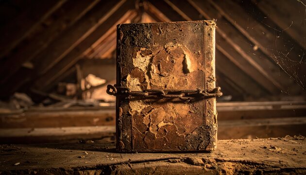 A Decaying, Mud-Crusted Diary Held Shut by a Rusted Chain in a Dusty Attic