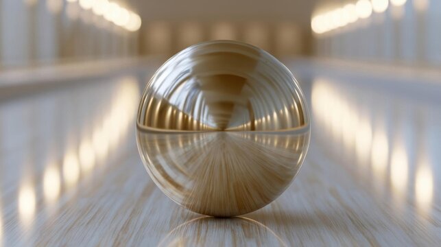 3d rendering of a spherical object on a wooden surface. the object appears to be made of a shiny, metallic material and has a smooth, shiny surface.