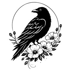 Obraz premium Rabe mit Blumen und botanischem Rahmen als mystische Vektor Illustration
