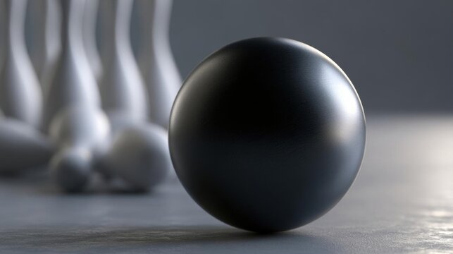 Close-up of a black sphere on a grey surface. the sphere is spherical in shape and appears to be made of a shiny, metallic material.