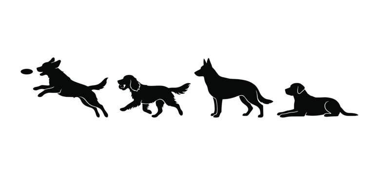 Dog silhouette icon set with different breeds including active dog jumping to catch frisbee walking spaniel standing german shepherd and labrador lying down isolated on white background