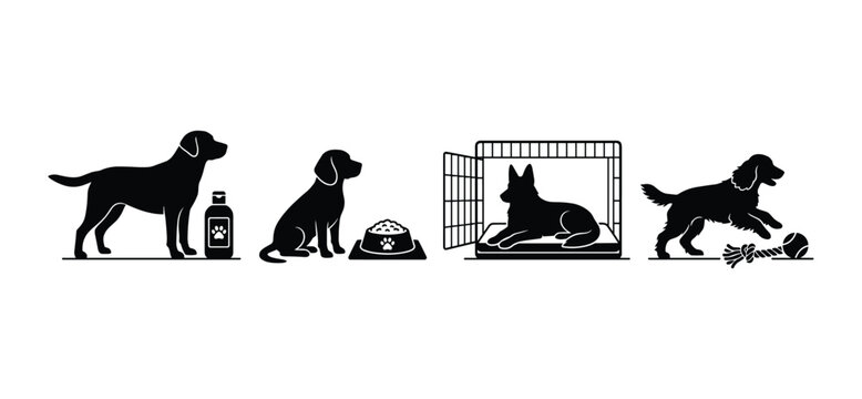Dog silhouette icon set with labrador standing by medicine bottle sitting puppy with food bowl german shepherd inside training crate and spaniel playing with toys isolated on white background