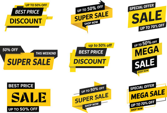 Best price discount super sale mega offer yellow ribbon badges set on isolated background, commercial promotion tag collection vector