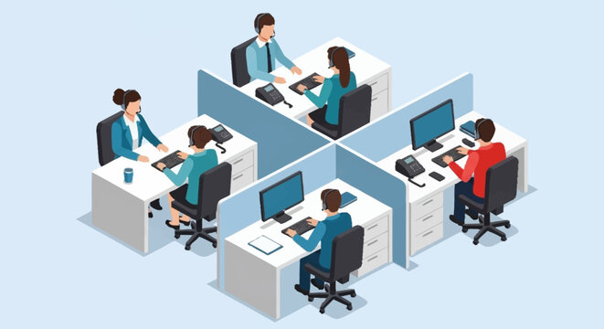 Office workers at cubicles with computers.