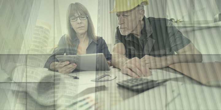 Architects working on plans, light effect, double exposure, geometric pattern