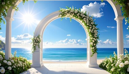 Fototapeta premium summer photography backdrop of a white flower archway with coastal beach landscape background 