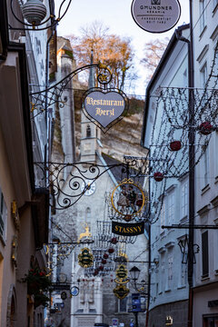 Getreidegasse is a busy shopping street in the historic Altstadt of Salzburg, Austria
