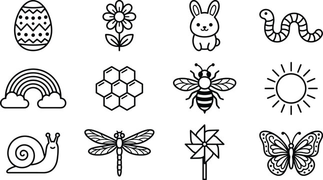 Spring and Easter Season Line Icon Set Featuring Bunnies Eggs Rainbows Flowers Honeybees Butterflies and Sunny Nature Design Elements