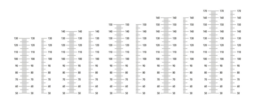Kids height chart from 50 cm to 170, 160, 150, 140 and 130 centimeters. Wall growth 130 cm, 140 cm, 150 cm, 160 cm and 170 cm sticker isolated. Meter wall, growth ruler.