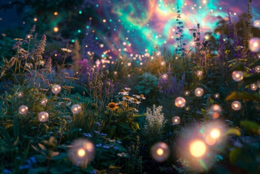 Prato notturno incantato con fiori selvatici, lucciole luminose e cielo cosmico surreale