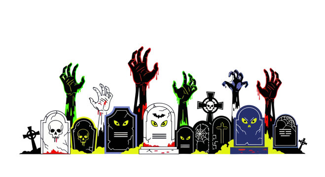 Cartoon zombie hands and tombstones rising.