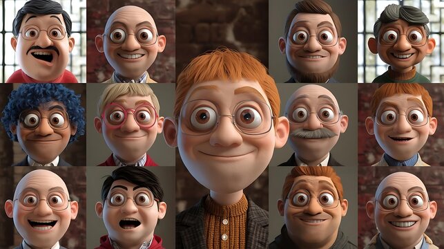 Big crowd of cute diverse cartoon 3d style human faces smiling looking