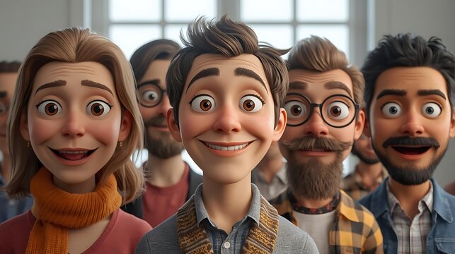 Big mixed crowd of cute diverse cartoon 3d style human faces smiling